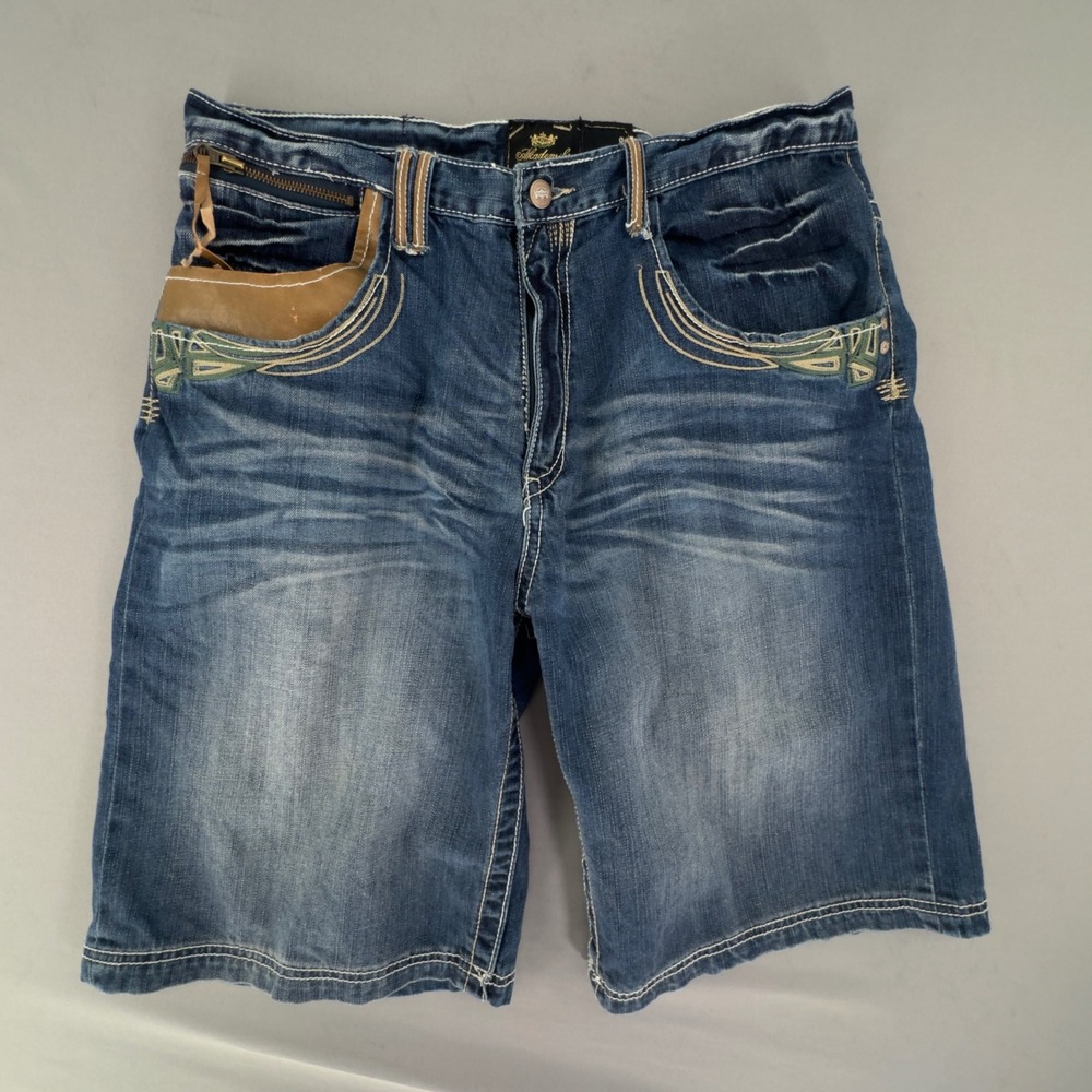 Akademiks Mens Blue Denim Shorts Size 34 Embroidered Y2K Streetwear Relaxed Fit